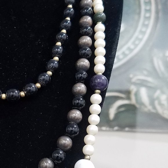 Vintage 3 NECKLACE SET stone brass VGUC - Picture 6 of 8